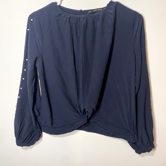Zara Basics Long Sleeve Blue Blouse With Beads on Sleeve Size Small - Picture 1 of 12